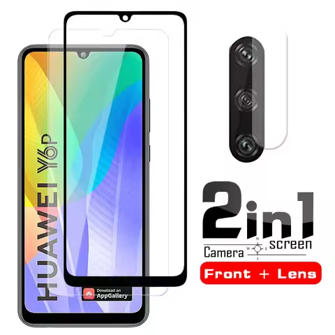 2 IN 1 for Huawei Y6p Tempered Glass 9H 2.5D Premium Screen Protector Film for Huwei Y6 Y 6 P MED-LX