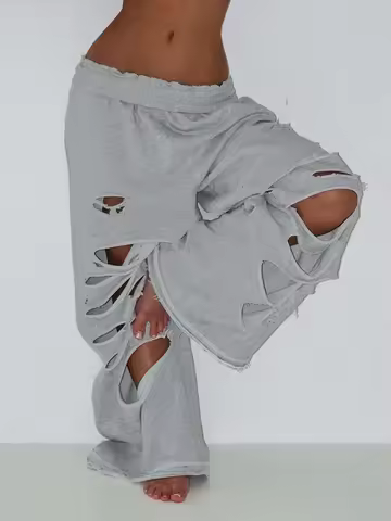 Kilou Casual Oversize Long Pants Woman Irregular Hollow Design Elastic Waist High Street Fashion Ver
