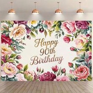 One Piece 90th Happy Birthday Backdrop With Pink Roses, Red Flowers And Green Leaves Pattern Design,