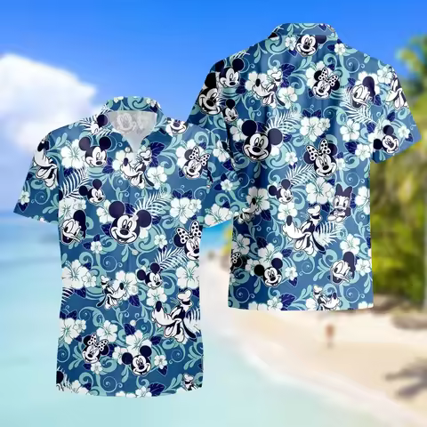 Miniso Disney Mickey Mouse Floral Aloha Hawaiian Shirt Disney Crew Shirt Hawaii Beach Shirt Summer V