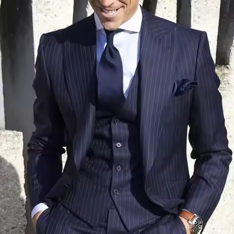 2024 Men Suits Stripe Blazer Wedding Male Groom Tuxedos Suit with Pants 3 Pieces (Jacket+Pants+Vest)