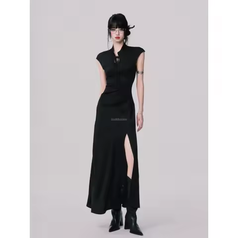 2025 etro chinese style cheongsam dress black stand-up collar sleeveless retro fashion slimming eleg