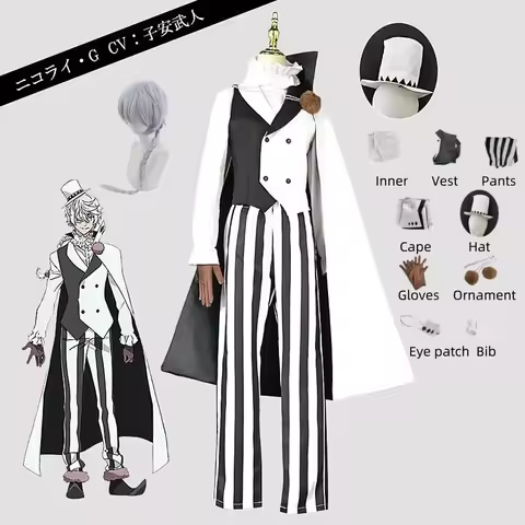 Nikolai Gogol Cosplay Costume Hat Wig Anime BSD Season 4 Cloak White Black Uniform Gloves Eyepatch