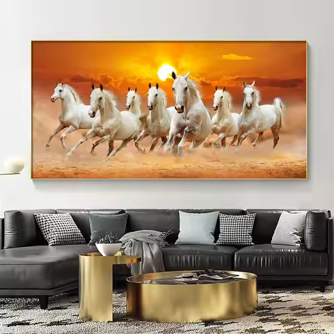 Modern Simple Wall Art 7 Running White Horses Sunset Scenery HD Canvas Printing Poster Home Living R