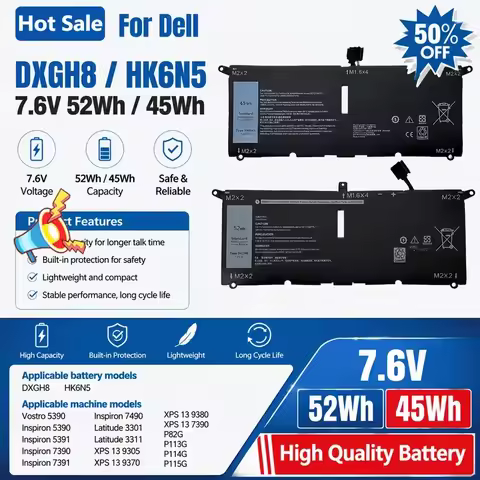 HK6N5 DXGH8 Laptop Battery for XPS13 9370 9305 9380 Inspiron 5390 5391 7191 7490 Latitude 3301 P113G