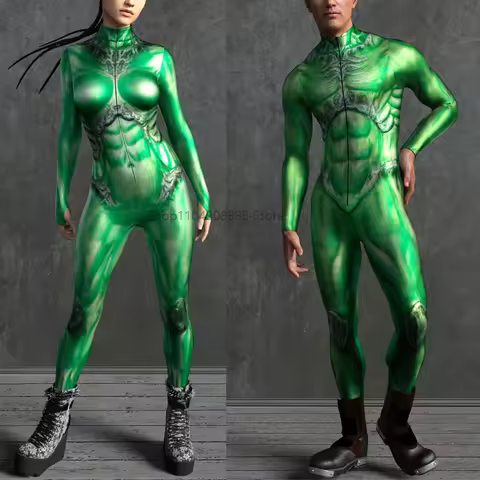 Hell Servant Green Costume Cyber 3D Printed Cosplay Costume Front Zipper Multicolour Zentai Bodysuit