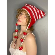 HANDMADE STRAWBERRY BEANIE CAT HAT/STOBERI EARFLAP/STRAWBERRY CAT HAT/CAT BEANIE HAT CUTE BEANIE HAT