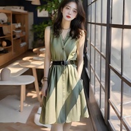 Girls Dress Dress Army Green Sleeveless Dress 2024 Light Luxury High-End Feeling Covering Flesh Slim