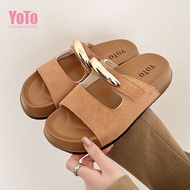 YOTO Women's Metal Buckle Velcro Strap Sandals Soft Sole Single Band Comfortable Casual Slippers San