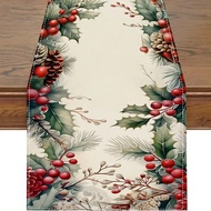 1pc, Christmas Holly Berry Table Runner, Durable Polyester Fabric, 13x35.4/47.2/63/72/78.7 Inches Av