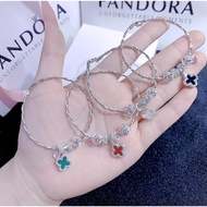 Real silver women's bracelet with twisted bracelet mixed with 4-leaf clover face accessories