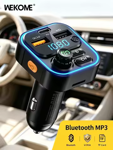 WEKOME Dual USB Fast Charging 7 Color LED Atmosphere Light Bluetooth Hands Free Car FM Transmitter w