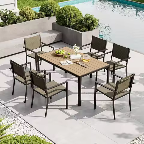 Aoxun 7 Piece Patio Dining Set for 6 All Weather Outdoor Table and Chairs Rectangular Metal Table Te