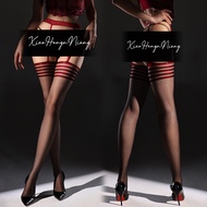 Sexy Aurora Garter Stockings Thigh Long Tube Black Stockings Oily White Over-the-Knee Striped Garter