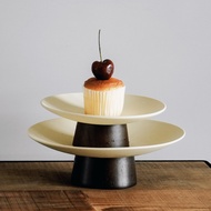 UDlab|Clay High Feet Dessert Plate 16cm20cm Tray Cake Small Mushroom Acacia Wood CB-H02028