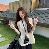 Shirt Sleeveless Sellena women's cream white cotton, Korean style loose shirt with ruffles A87