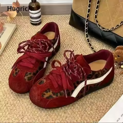 Hugrich Red Suede Leopard Print Sneakers Women S Retro German Trainer Style Shoes With White Stripe 