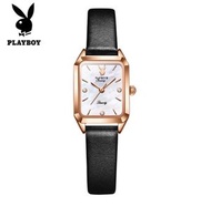 PLAYBOY小綠錶長方形小眾女士手錶(黑皮玫殼白麵女）#S057029259