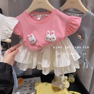 Girls' pure cotton flutter-sleeve dress with drawstring, cute doll design, stylish for young girls, 