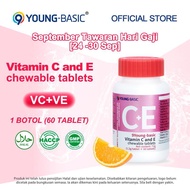 【Halal】9YOUNG-BASIC Vitamin C dan E Chewable Tablet, 60 tablet/botol | Multivitamin | Untuk Kanak-Ka