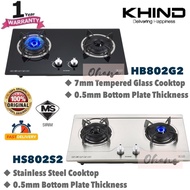 KHIND BUILT IN GLASS HOB STAINLESS STEEL HB802S2/ TEMPERED GLASS COOK TOP HB802G2/ DAPUR GAS COOKER 