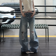 กางเกงยีนส์ทรงหลวมเอวสูงสไตล์อเมริกัน กางเกงยีนส์ทรงขากว้างขาดๆ ทรงหัวเข็มขัดสำหรับผู้ชายและผู้หญิง