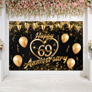 Happy 69th Anniversary Backdrop Banner Decor Black Gold – Glitter Love Heart Happy 69 Years Wedding 