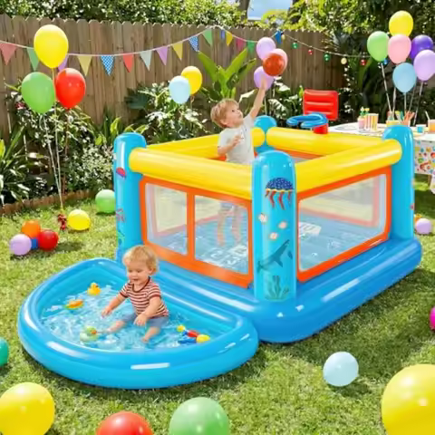 Bounce House for 3-6 Small Inflatable Bounce House PVC with Basketball Hoop and Hopscotch Game for I