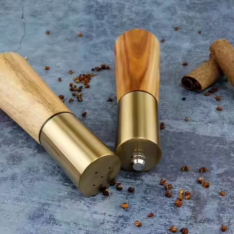 1/2pcs Kitchen Tools Pepper Kosher Salt Grinder Metal Acacia Wood Pepper Mill Set,Stainless Steel/wo