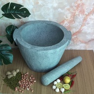 Stone mortar + solid green stone pestle, diameter 28cm