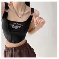 Women Tank Top Cool Girls Square Neck Embroidery Letters Ring Halter Crop Top