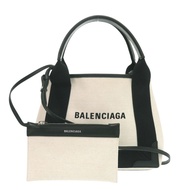 近全新 Balenciaga 海軍藍 Cabas XS 帆布和皮革雙肩包，淺米色和黑色拼接，0433 [二手] BALENCIAGA