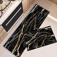EDGZKO Marble Kitchen Rugs Set of 2: Black and Gold Kitchen Mats for Floor 2 Piece Sets Washable Run