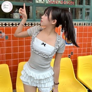 PINKSTORE29 Short Sleeve Ruffle Square Collar Blouse with Cute Bow A51117