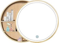 Round Mirror Cabinet Bathroom Wood with Light, LED Wall Mount Mirror Cabinet Bathroom Storage, Solid Wood Anti-Fog Bathroom Mirror/Wall-Mounted Round Vanity Mirror (Wood 50cm)