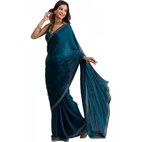 Women's Moss Chiffon Siroski work Saree With Unstitched Blouse Piece
