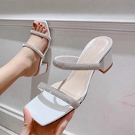 Guốc nữ cao gót vuông 7p 2 quai đính đá Dép mũi vuông 7p - G43
