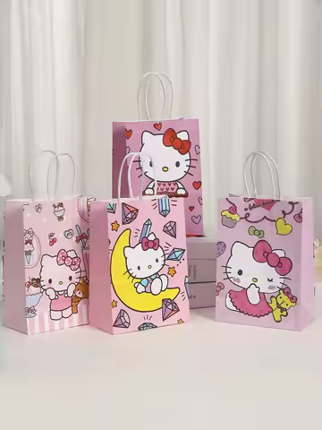 4/8/12pcs Hello Kitty Gift Bags Sanrio kawayi Cute Cartoon Design Kraft Paper for Birthday, Party