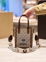 Hot Style 2025 New Style Bear Embroidered Canvas Bag Female Bucket Bag Wide Shoulder Strap Shoulder 