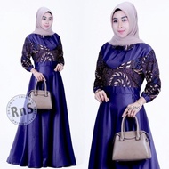 gamis batik kombinasi polos / baju batik pesta wanita muslimah terbaru - navy