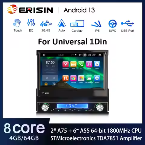 Erisin ES8568U 7" Android 13.0 Unversal Unit 1 Din Car Stereo GPS System Wireless CarPlay & Auto Rad