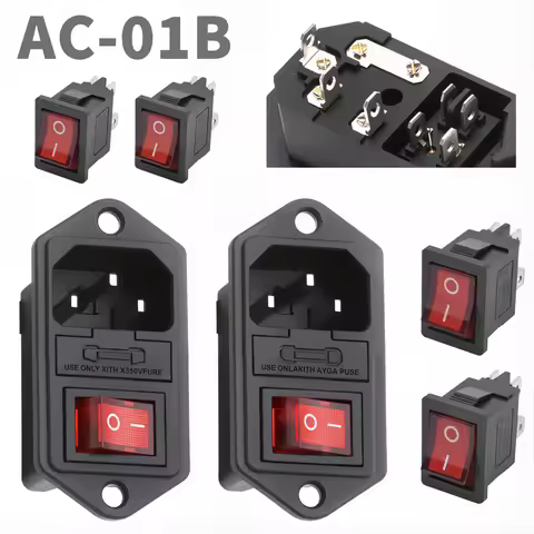 5pcs AC-01B IEC320 C13 Electrical AC Socket 3pin Red LED 250V 4Pin Rocker Switch 10A Fuse Female Mal