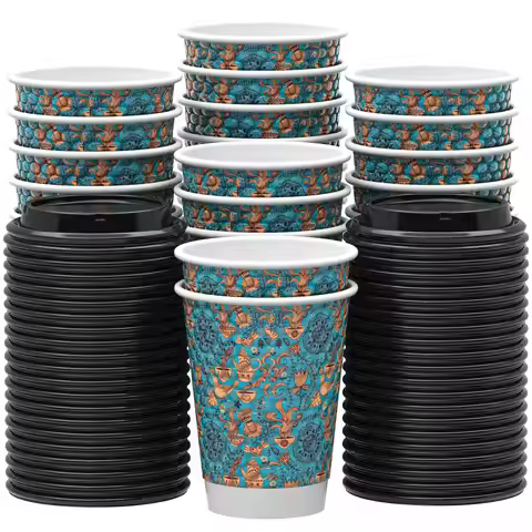 Disposable Paper Coffee Cups with Lids, 100 pack 12 oz Embossed Paper Cups, Double Wall Insulated Ta