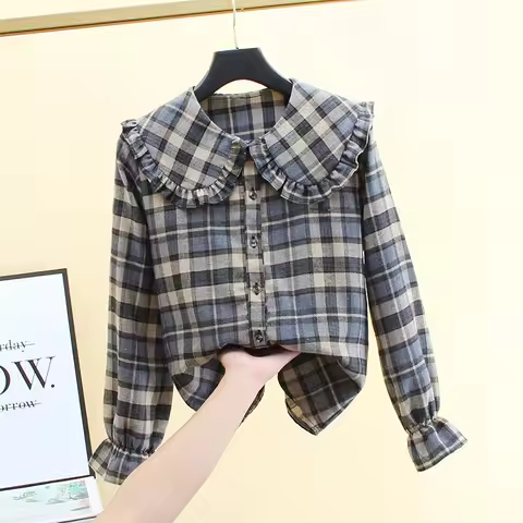 French Style Plaid Shirt Women Spring New Cotton Chic Peter Pan Collar Single Breasted Loose Top Fas