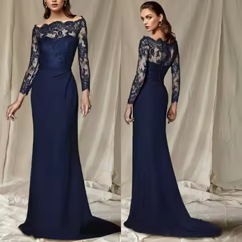Customized Long Lace Mother of the Bride Dresses Mermaid Chiffon 3/4 Sleeve Sweep Tarin Mother of Gr