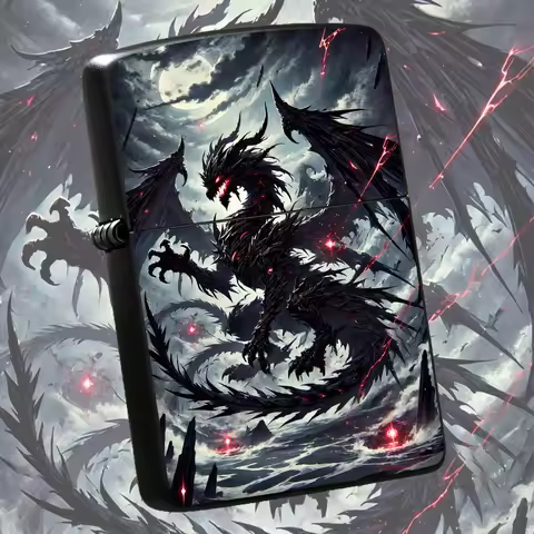 Vintage Dark Shadow Dragon Print Lighter, Cool Full Moon Night Evil Dragon Pattern PORTABLE Windproo