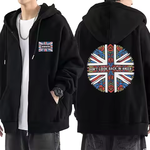 O-Oasis British Rock Band vintage Graphics Hoodie Men Women's Autumn Winter Coat Hip Hop Zip Up Jack