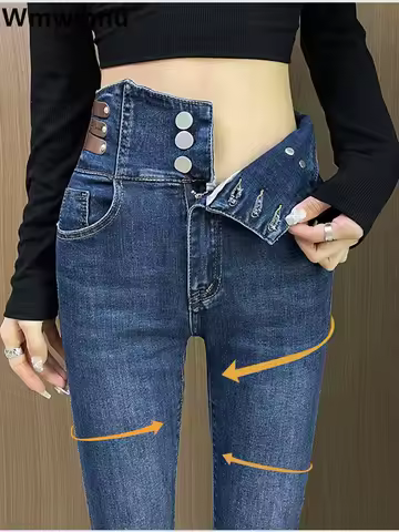 Woman Korean Streetwear Stretch Denim Pants Skinny Hight Waist Pencil Jeans Spring Vintage Casual Ko