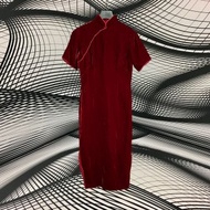 二手 古董訂製 紅色 絨布 開衩 短袖 旗袍 CA404