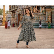 iShopINDIA Women Anarkali Set 3pc Ajrakh Geometric Print Rayon Cotton Kurta Ethnic Wear Indigo Blue